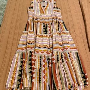 Pink and orange motif printed midi dress. Devotion Twins by Anthropologie.